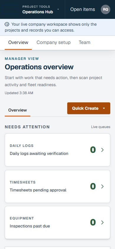 Field hub, manager view: needs-attention queues and cross-tool exceptions