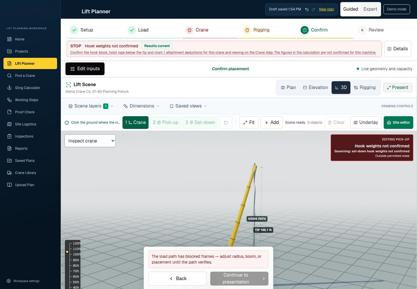 Lift planner: a 3D lift scene with a STOP banner because hook weights are not confirmed for the selected crane